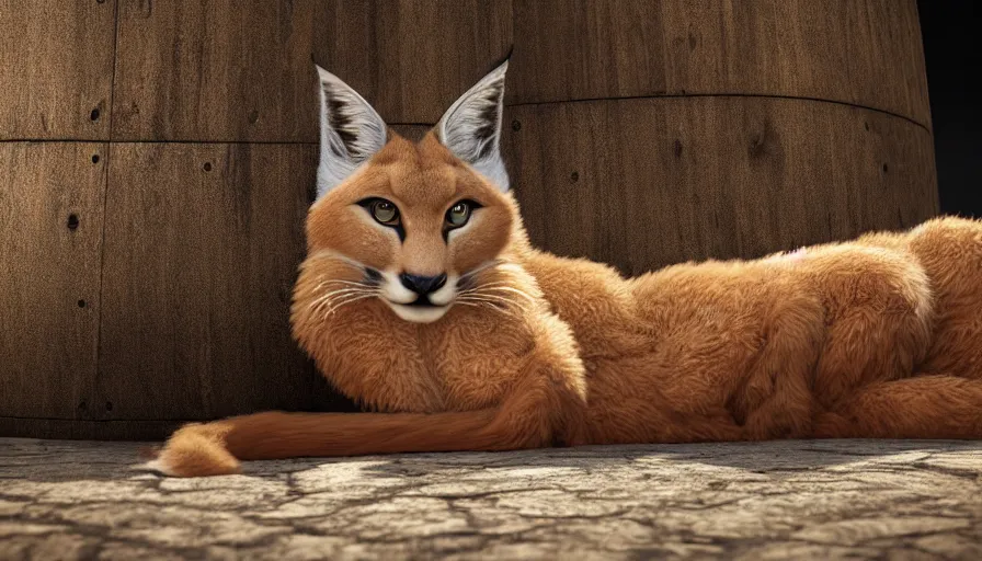 Prompt: longshot photo of cute fluffy caracal lying in wooden barrel lying on one side, ancient greek city, sunny day, by ilya kuvshinov, rtx rendering, octane render 1 2 8 k, maya, extreme high intricate details by tom bagshaw, medium shot, close up shot, composition by sana takeda, lighting by greg rutkowski