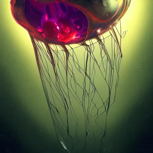 Image similar to design of a cute damaged mechanical jelly fish spaceship flying in hyperspace, beautiful clear detailed 8k digital art, by Amin Faramarzian Artstation
