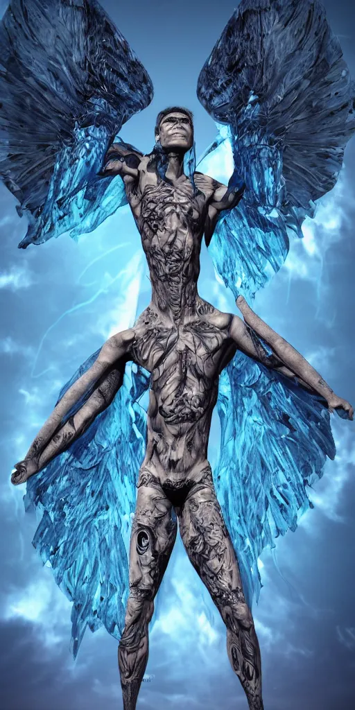 Prompt: full body male alien with cyberangel wings, tattoos cover all over him blue skin in a terrifying pose, transparent silk outfit flowing in the wind by bruce labruce, digital art, redshift render, hyperrealistic
