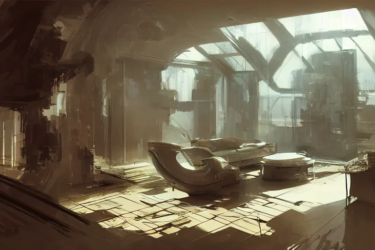 Image similar to futuristic apartment interior, intricate, elegant, highly detailed, john park, craig mullins, sparth, ruan jia, jeffrey catherine jones