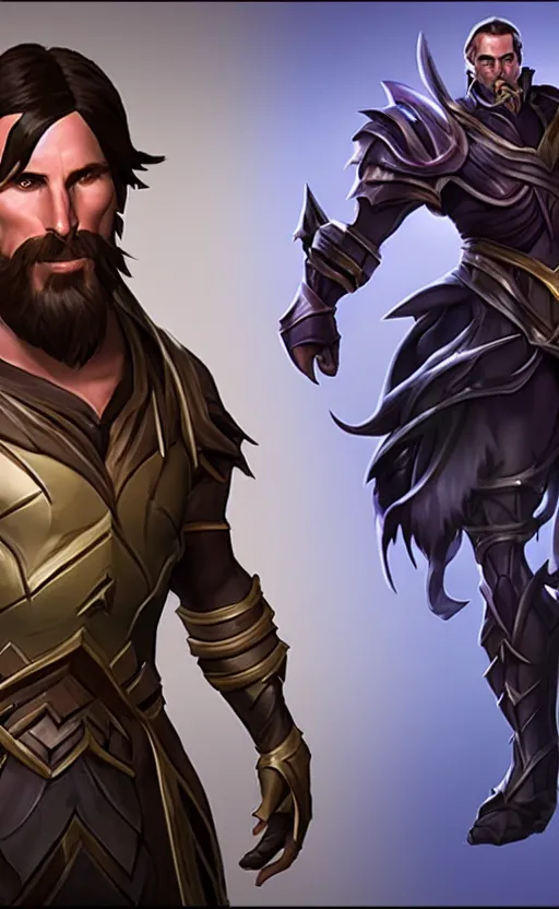 Image similar to Christian Bale as a character in the game League of Legends, with a background based on the game League of Legends, detailed face, old 3d graphics