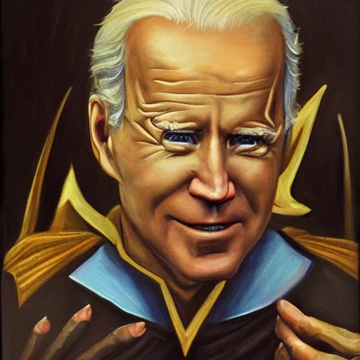 Prompt: Renaissance oil portrait of Joe Biden as an evil dark magician, high-quality realistic oil painting with detailed strokes, Joe Biden as a robed dark necromancer