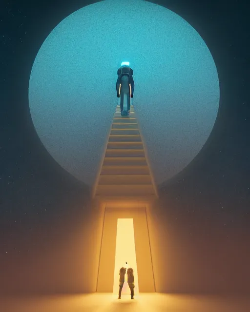 Image similar to a person standing in front of a glowy open door that's on a barren moon, poster art by mike winkelmann, trending on cg society, space art, sci - fi, ue 5, futuristic, volumetric lighting, light casting onto the ground, neat composition and camera angle