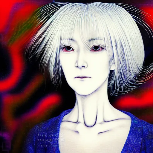 Image similar to yoshitaka amano blurred and dreamy realistic three quarter angle portrait of a woman with white hair and black eyes wearing dress suit with tie, junji ito abstract patterns in the background, satoshi kon anime, noisy film grain effect, highly detailed, renaissance oil painting, weird portrait angle, blurred lost edges