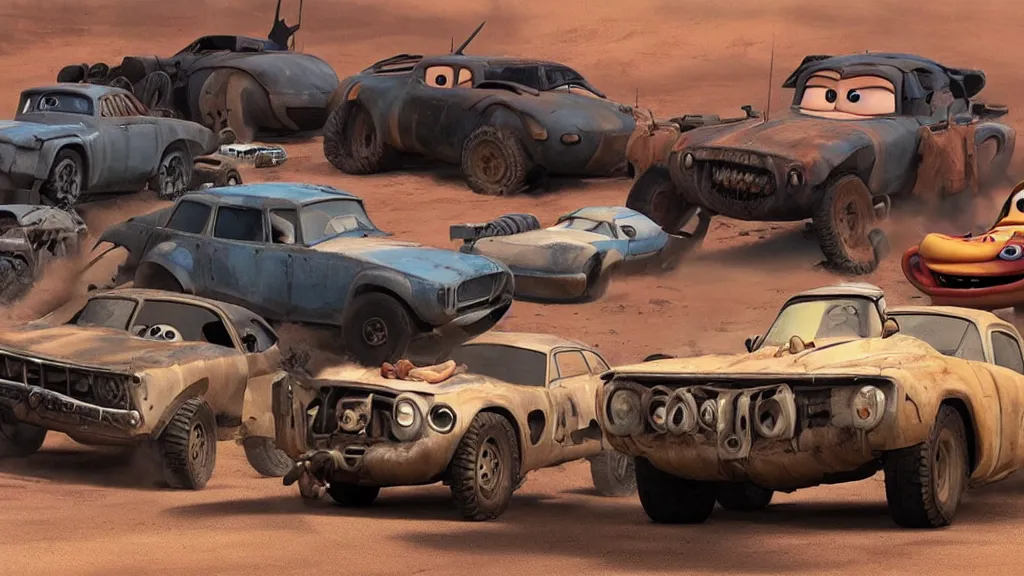 Image similar to mad max cars in a pixar disney movie