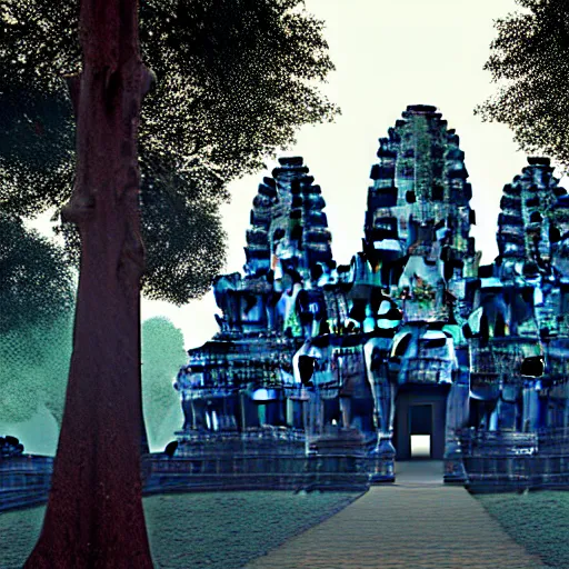 Image similar to a futuristic distopic angkor thom, photorealistic, bladerunner, dramatic lighting, highly detailed