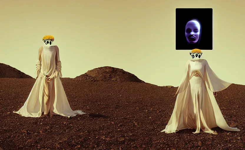 Image similar to levitating bene gesserit with fractal mirror dress with white flowers and fullface golden mask inside a thick black smoke in rocky desert landscape, sand alien city in the landscape, burning earth by gaspar noe and christopher doyle, anamorphic lens, anamorphic lens flares, kodakchrome, cinematic composition, practical effects, award winning photo, 8 k