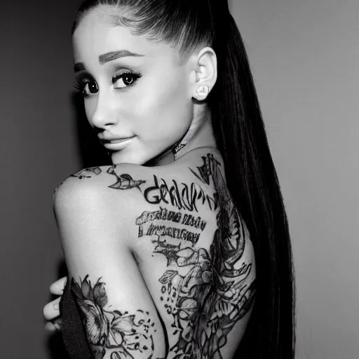 Image similar to ariana grande recursive photo beautiful ariana grande photo bw photography 130mm lens. ariana grande backstage photograph posing for magazine cover. award winning promotional photo. !!!!!COVERED IN TATTOOS!!!!! TATTED ARIANA GRANDE NECK TATTOOS. Zoomed out full body photography. very very very detailed.