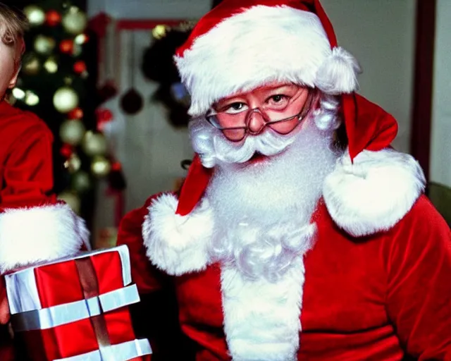 Image similar to The T-1000, dressed up as Santa, giving presents to kids