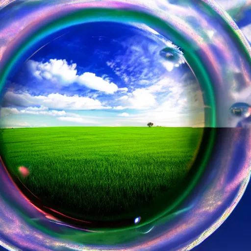 Prompt: A photograph of the Windows XP Bliss wallpaper inside of a giant floating soap bubble, floating in a blue and cloudy sky.