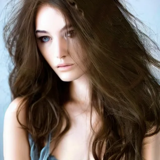 Image similar to add long wavy hair to photo, very pretty model, heart shaped face