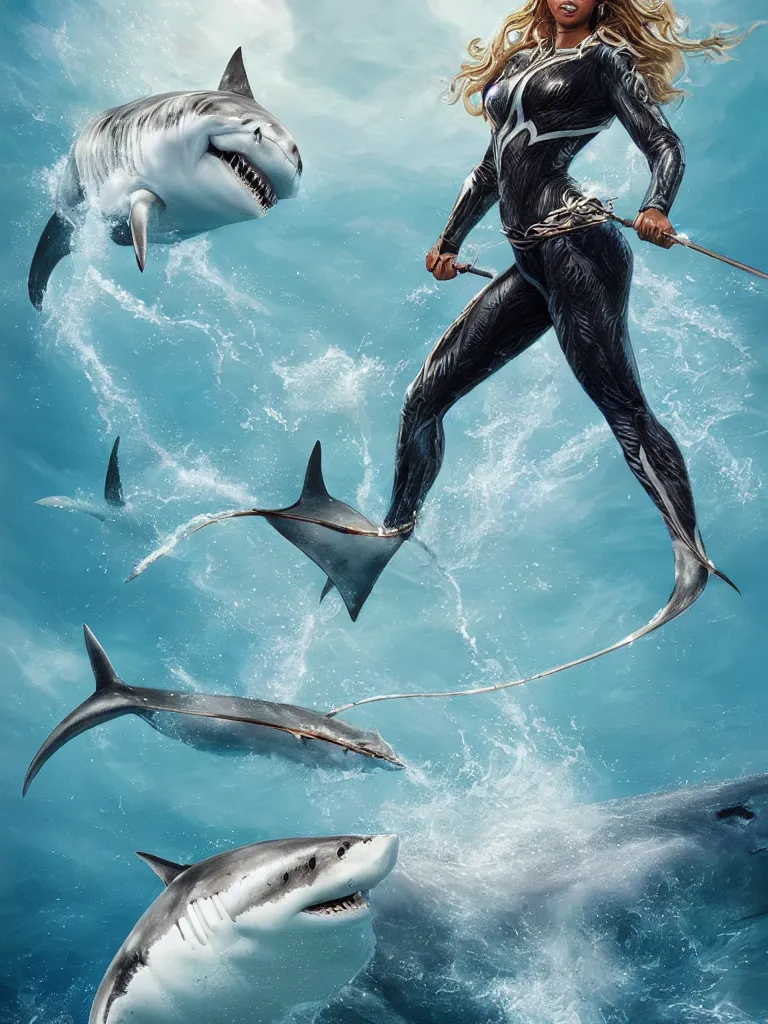 Image similar to regal portrait of superhero Beyonce riding a great white shark with a trident, extremely high detail, photorealistic, cinematic lighting, artstation inspired by Marvel movies