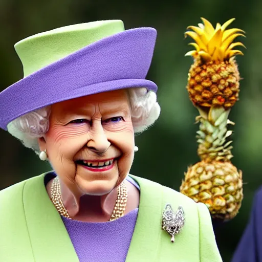 Image similar to the queen of england with a pineapple as a crown with jewels