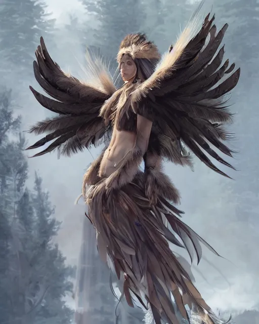 Image similar to a female anthropomorphic eagle warrior. She has two wings on her back. She is covered in feathers, wearing full body tribal feather clothing. Forest, clearing. Full shot, wings are focus. Atmospheric lighting, By Makoto Shinkai, Stanley Artgerm Lau, WLOP, Rossdraws, James Jean, Andrei Riabovitchev, Marc Simonetti, krenz cushart, Sakimichan, D&D trending on ArtStation, digital art.