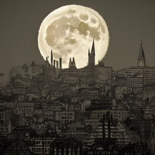 Prompt: full moon engulfed by tentacles over a gothic cityscape.