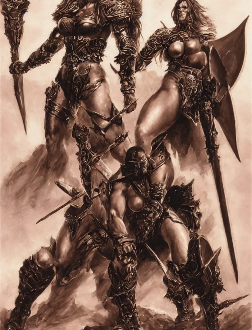 Image similar to Dreamt in 95.90s for !dream beautiful muscular barbarian woman wearing armor posing after victory, d&d, boris vallejo