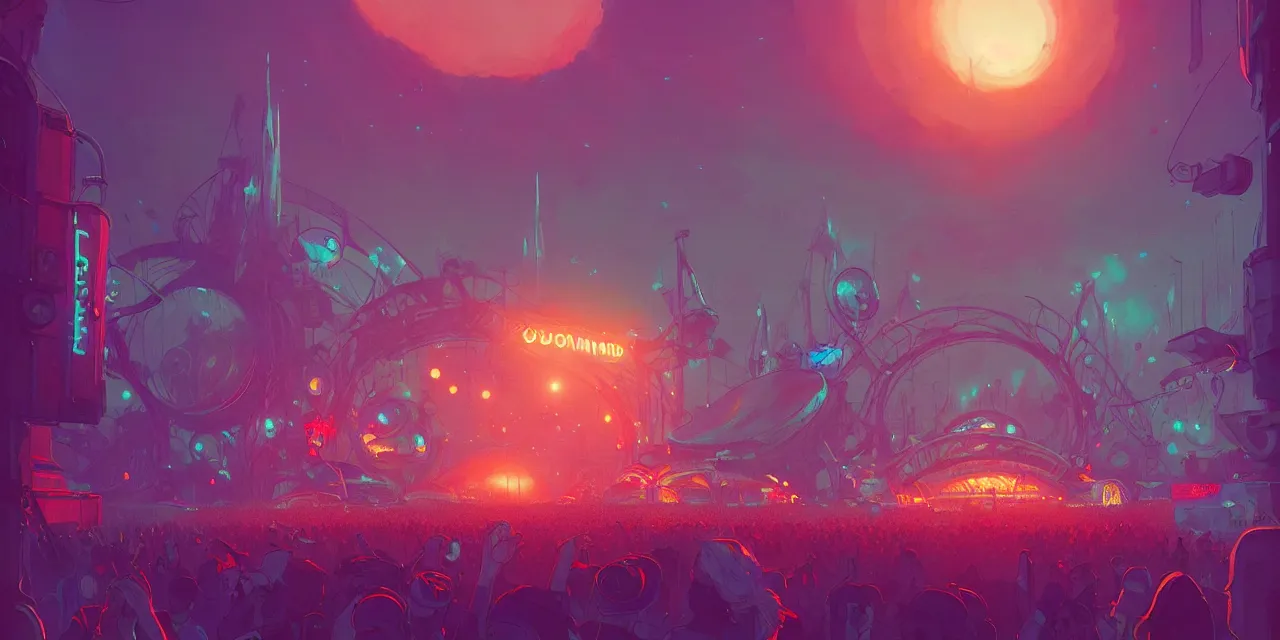 Prompt: tomorrowland, hyper - realistic detailed music festival stage, by atey ghailan, by greg rutkowski, by greg tocchini, by james gilleard, by joe fenton, by kaethe butcher, dynamic lighting, neon cinematic lighting color scheme, grunge aesthetic
