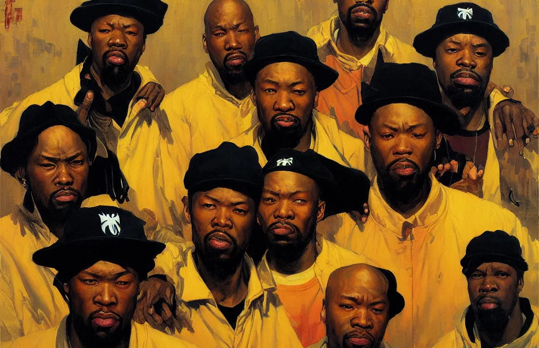 Image similar to portrait of wu - tang clan!!!!!!!!!!!!!!!!!!!!!!!!!!!, detailed face, detailed painting,, epic lighting, by ilya repin, phil hale and kent williams