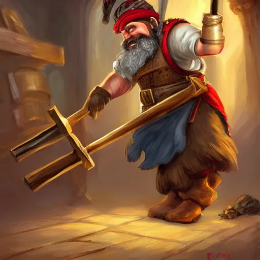 Prompt: High Fantasy whimsical portrait painting of a bearded dwarf working in a blacksmith with a workman\'s hammer, leg high, face showing, full body, fantasy clothing, golden shoulder pauldrons, cgsociety, trending on artstation, dnd