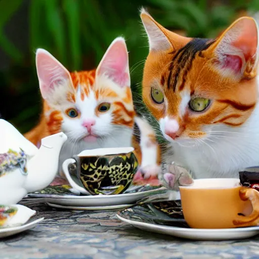 Image similar to 3 cats ( two calico and one tabby ) enjoying fancy english tea together, flickr explore