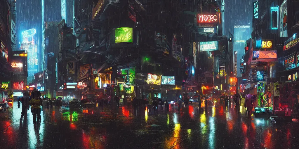 Prompt: a cinematic hyper - realistic reimagination of an african cyberpunk street during a rainy night by adam baines