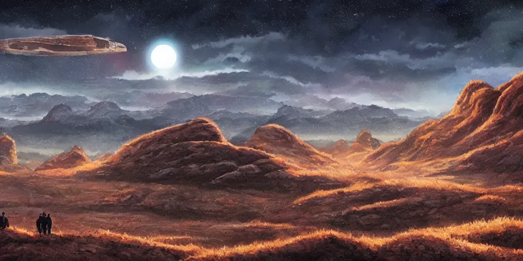 Image similar to grand landscape of rocky sci - fi hills during the dark night, art by kotaro chiba