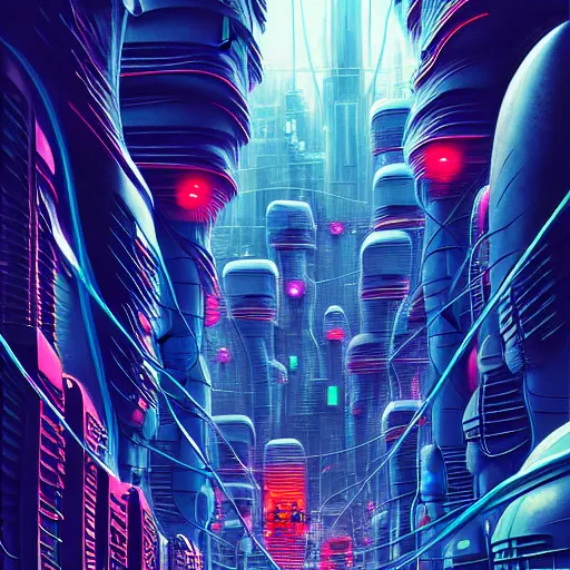 Image similar to robo cats inside an scifi tentacles wires futuristic city, beautiful signs, wide angle, retro futuristic comics, cinematic, highly detailed, photorealistic, rich bright colors, trending on artstation, giger, tsutomu nihei, trending on cgsociety, awe inspiring bruce pennington cityscape, digital art painting of 1 9 6 0 s