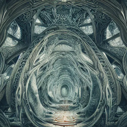 Image similar to Inside of an intricate labyrinth, organic, baroque, wonderland, mist, cinematic shot, photorealistic, photography, octane, high definition, detailed, 8k, artstation