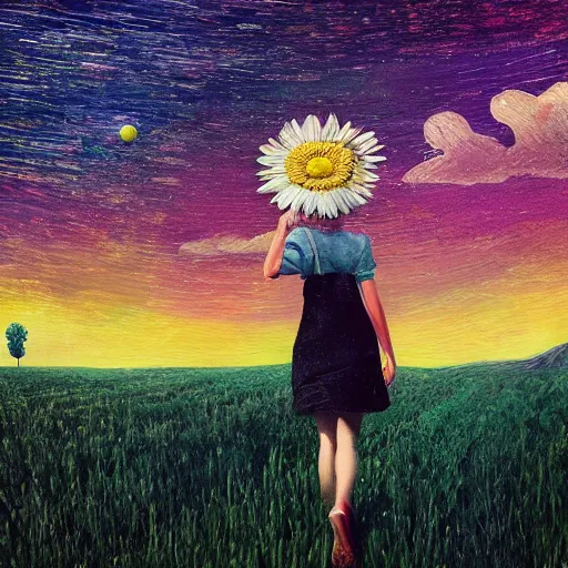 Image similar to giant daisy flower as a head, girl walking in wheat field, hills, surreal photography, moon light, dark night, star trails, dramatic light, impressionist painting, clouds, digital painting, artstation, simon stalenhag