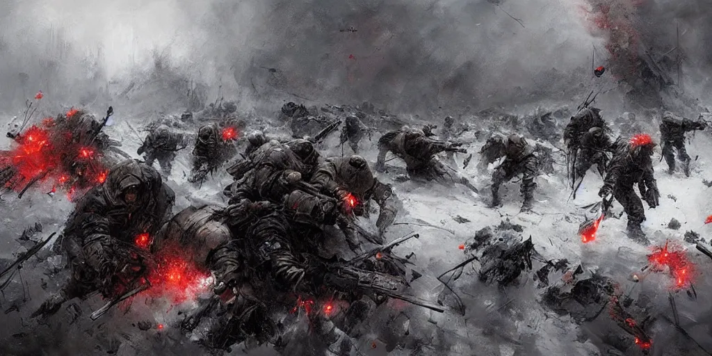 Prompt: war scene, Extremely complicated Mechanics interwined with human body, tearing, explosions, blizzard, brutal, dark, concept art, jakub rozalski