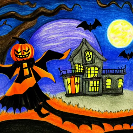 Prompt: halloween drawing by a child, haunted house, witch flying across the sky, full moon,
