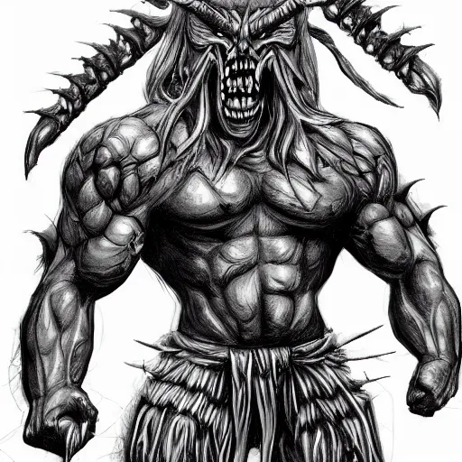 Image similar to intimidating cottagecore satanic demon warrior, muscular, dangerous, concept art, concept charakter