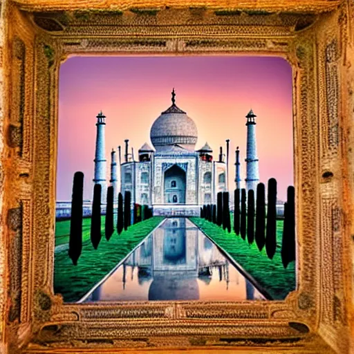 Image similar to Taj Mahal made of cheese, sunset