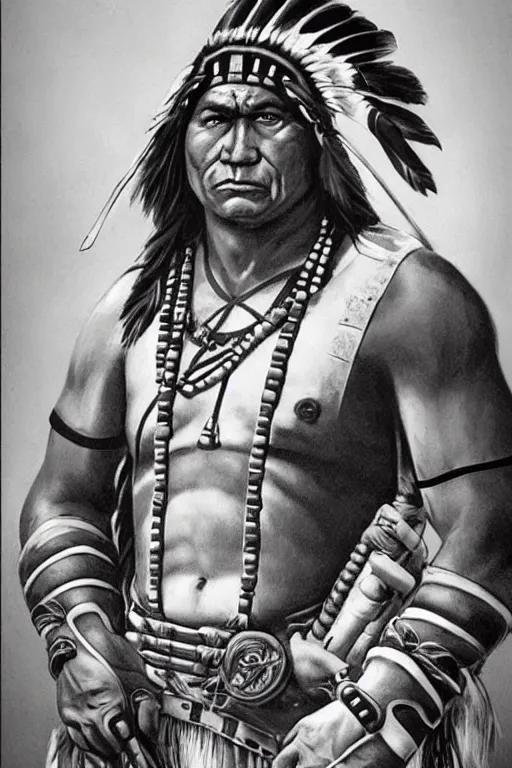 Prompt: Photo of Native American indian man Duke Nukem, portrait, skilled warrior of the Apache, ancient, realistic, detailed, Duke Nukem