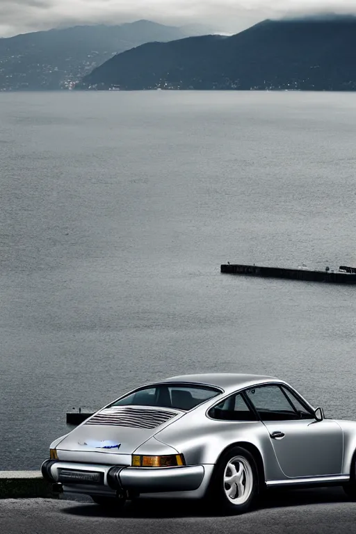 Image similar to Photo of a silver Porsche 911 Carrera 3.2 parked on a dock in Lake Como in the background, daylight, dramatic lighting, award winning, highly detailed, 1980s Versace ad, fashion photography, fine art print, best selling.