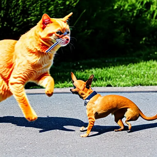 Image similar to a big fat orange cat chasing a small tan chihuahua