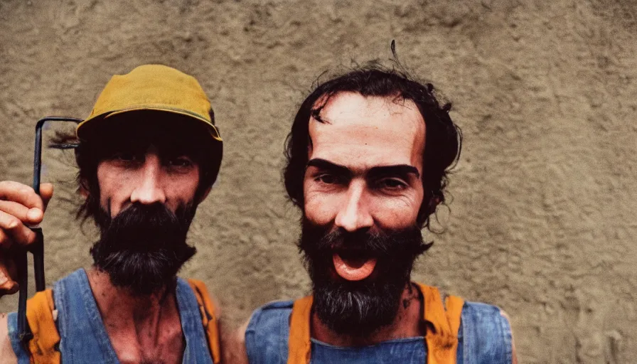 Image similar to far view, extremely skinny malnourished mario and luigi with long beard, wearing dirty overalls, dirty greasy face, grin, portrait, close up, kodak gold 2 0 0, 5 0 mm,