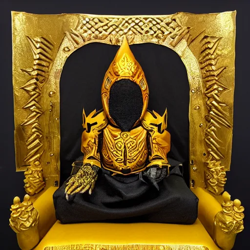 Prompt: eldritch king dressed in mask and robes, seated on an otherworldy throne, gold yellow and black colour scheme, canvas, oil paint style