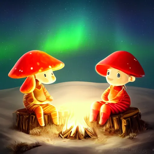 Prompt: two smiling and expressive chibi mushroom characters sitting around a campfire near a frozen forest, tundra setting, dramatic night sky, aurora borealis. very very very beautiful artwork, trending on artstation, digital artwork, cinematic lighting, 4K, amazing artwork, trending on Behance award-winning art