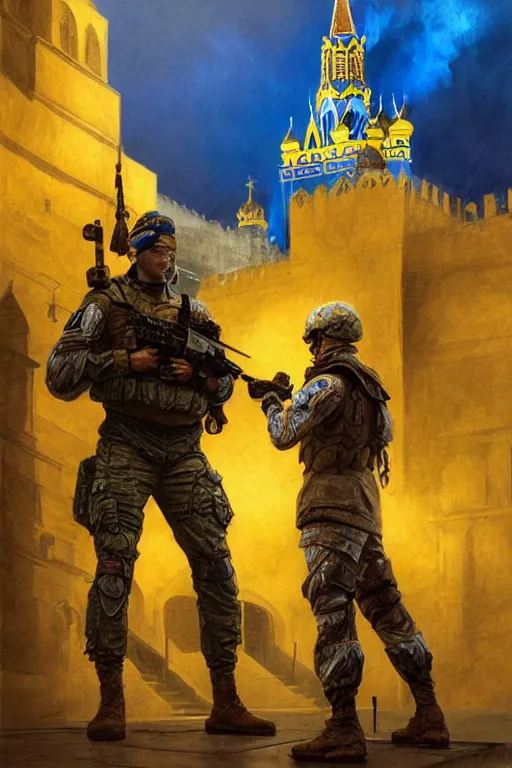 Image similar to special forces soldier installin ukrainian blue and yellow flag on red square kremlin, masculine figure, d & d, fantasy, bright atmosphere, volumetric lights, intricate, elegant, extremely detailed, digital painting, artstation, concept art, matte, smooth, sharp focus, hyper realistic, illustration, art by artgerm and greg rutkowski and alphonse mucha