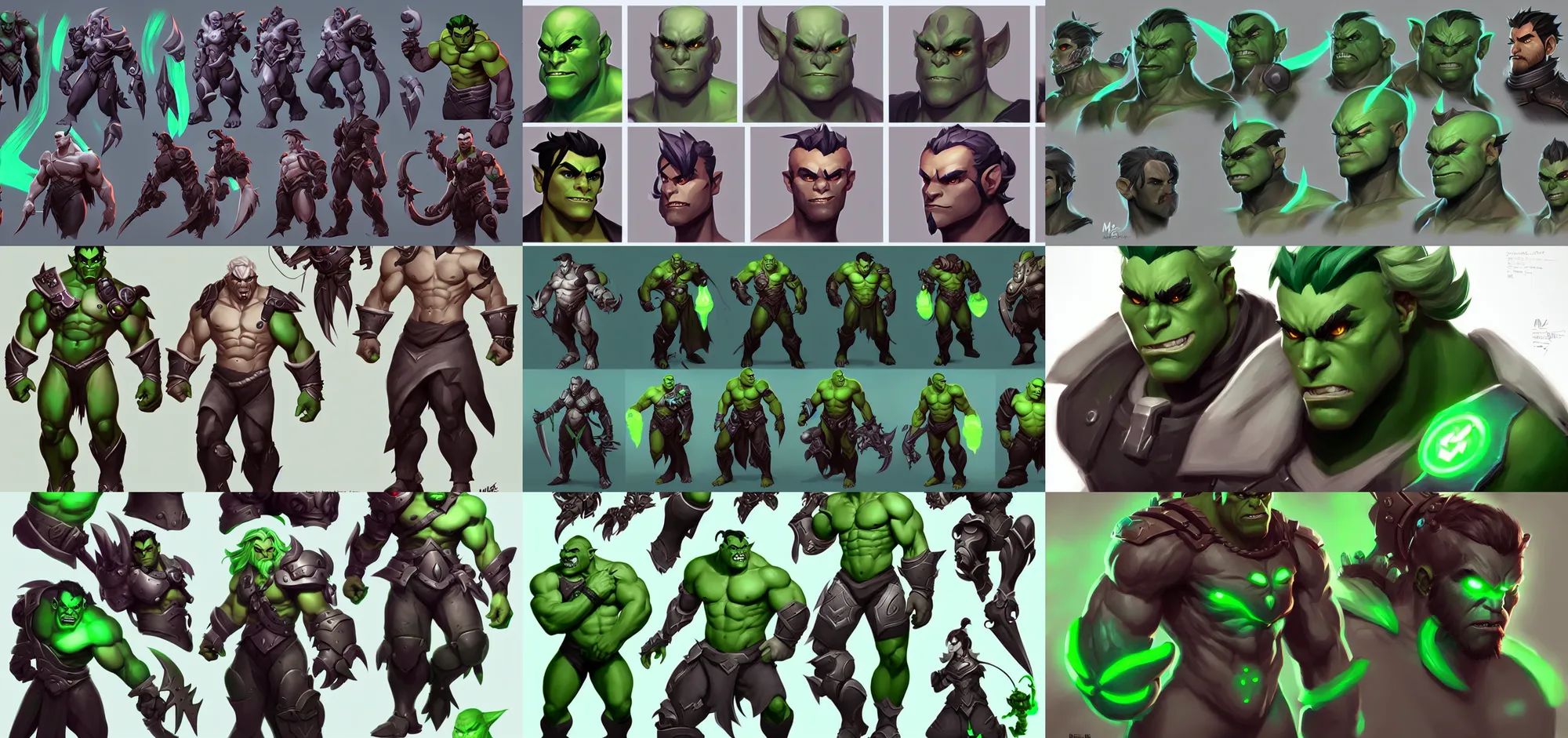 Prompt: concept art of male green half orc video game characters head designs, unique hairstyles, overwatch by marc brunet and artgerm