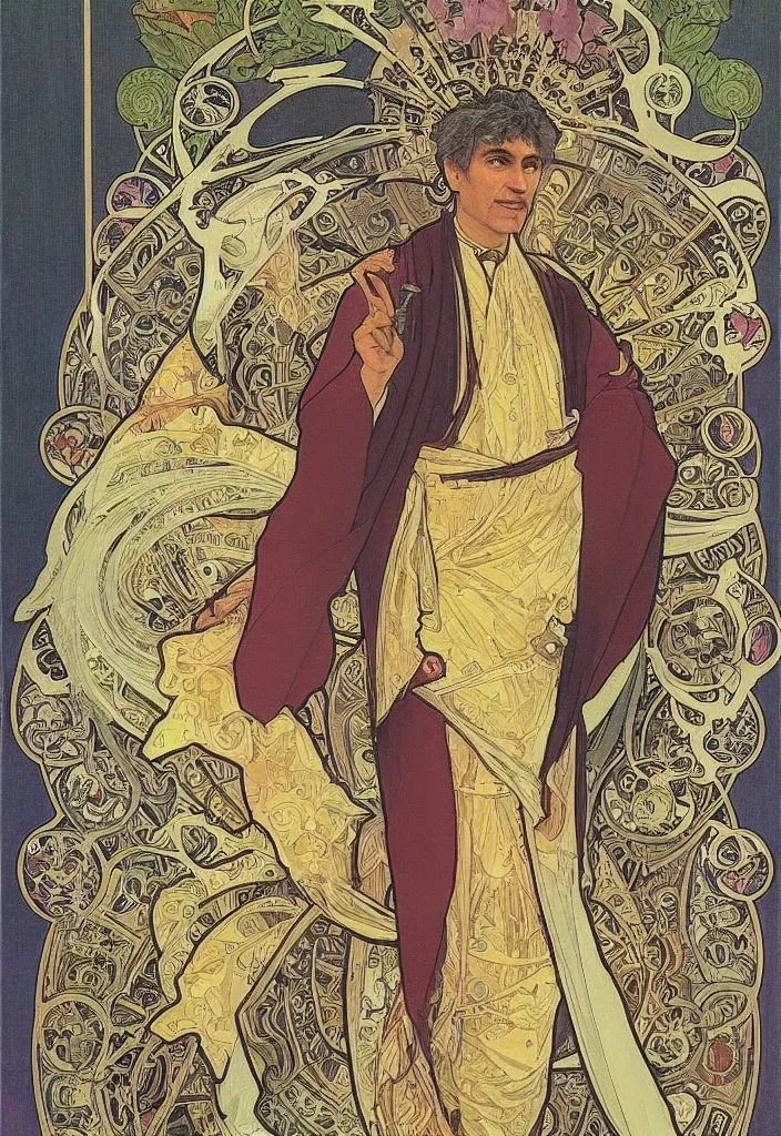 Image similar to Yoshua Bengio as the emperor on a tarot card, tarot in art style by Alphonse Mucha