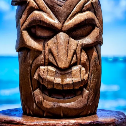 Image similar to a closeup photorealistic photograph of ben grimm's face on a tiki mug at trader vic's beach bar. fantastic four. tiki culture. bright scene. fine detail. this 4 k hd image is trending on artstation, featured on behance, well - rendered, extra crisp, features intricate detail, epic composition and the style of unreal engine.