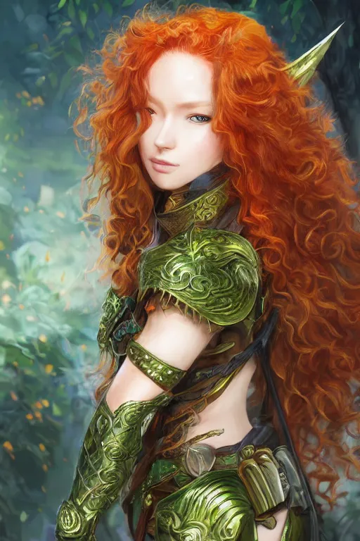 Image similar to A realistic anime portrait of long curly haired redhead female ranger wearing an intricate fantasy ranger outfit, asian facial features, green eyes, digital painting, by Stanley Artgerm Lau, Sakimichan, WLOP and Rossdraws, digtial painting, trending on ArtStation, SFW version