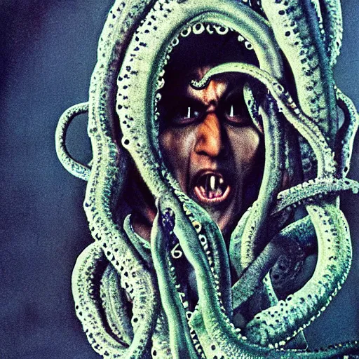 Image similar to expired fuji film coloured photograph portrait still of indian horror film character with tentacles from tv show from 1 9 9 5, hyperrealism, photorealism directed by steven spielberg and satyajit ray