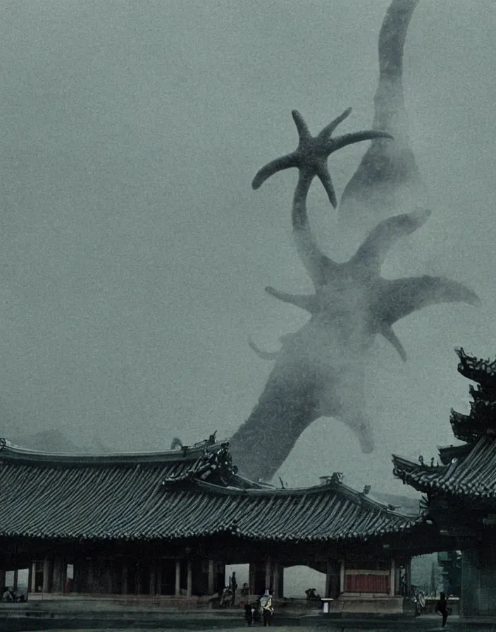 Prompt: a filmstill of a north korean monster movie, kaiju - eiga monster starfish - like trampling a traditional korean palace, foggy, film noir, epic battle, etheral, explosions, communist propaganda, communist epic thriller, by akira kurosawa and wes anderson video compression