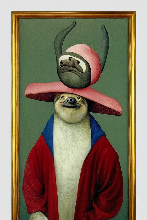 Image similar to silly hieronymus bosch creature. framed oil painting portrait of a sloth man with a silly hat and fancy felt robes. muted colour palette. negative space