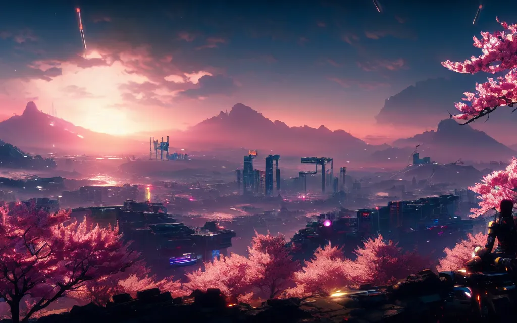 Image similar to sakura in the middle of the screen lit by the sun stands on a mountain from behind cyberpunk city, cyberpunk 2 0 7 7, city, wallpaper for monitor, cinematic view, concept art, high detail, 4 k, by jordan grimmer, art greg rutkowski, ivan aivazovsky, ruan jia, reza afshar, marc simonetti
