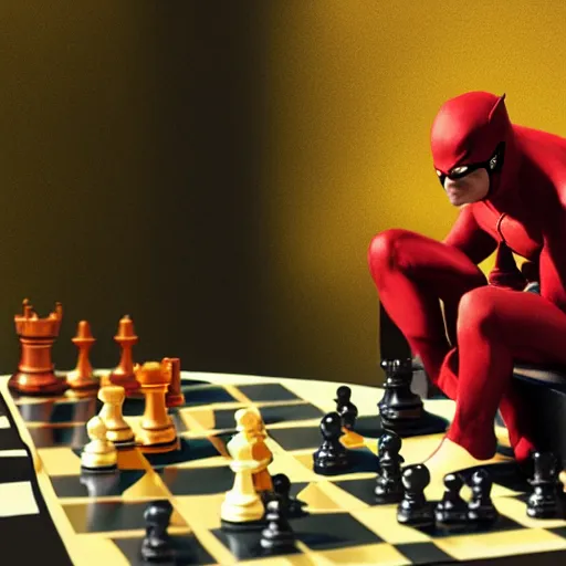 Prompt: daredevil pondering next to a chess set, photograph, octane, painting by greg ruthowski, artstation