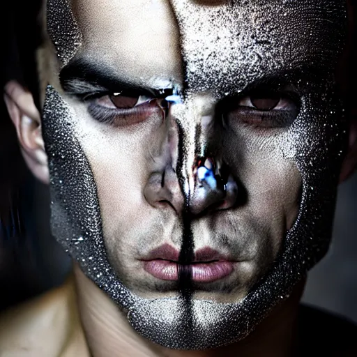 Image similar to a close up portrait of a beautiful athletic young persian male with his face covered in silver leaf , photographed by erwin olaf, artistic